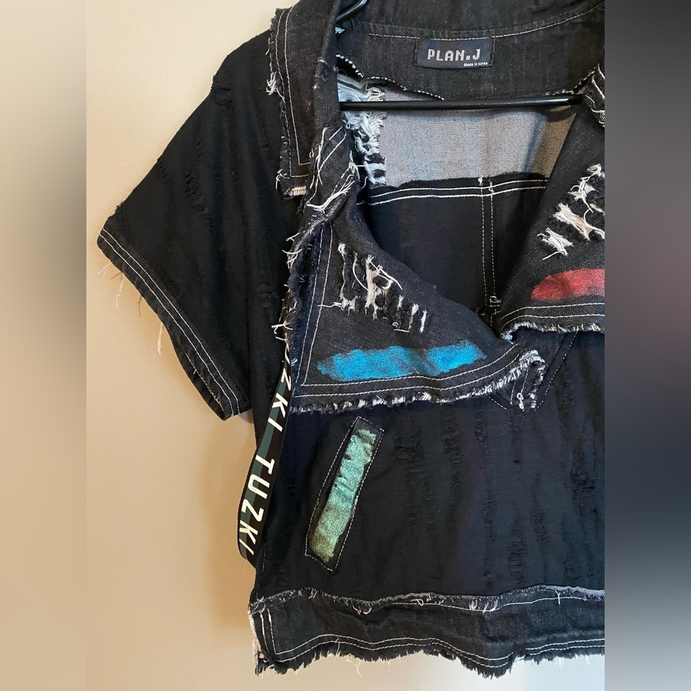 TUZKI Raw Edge Distressed Denim Top Black Jacket Vest - Picture 2 of 13